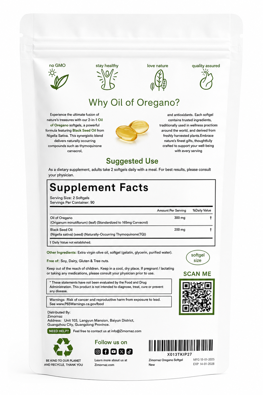 Oil of Oregano With Black Seed Oil – 180 Softgels