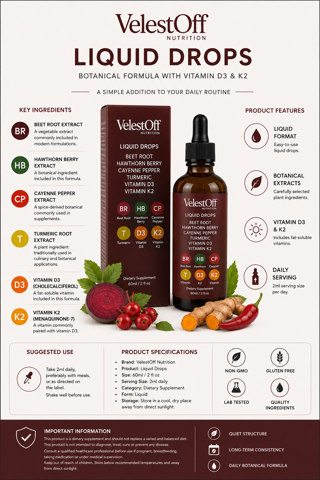 VelestOff Liquid Drops – Beet Root, Hawthorn Berry, Cayenne Pepper, Turmeric, Vitamin D3 & K2 | 60ml Dietary Supplement