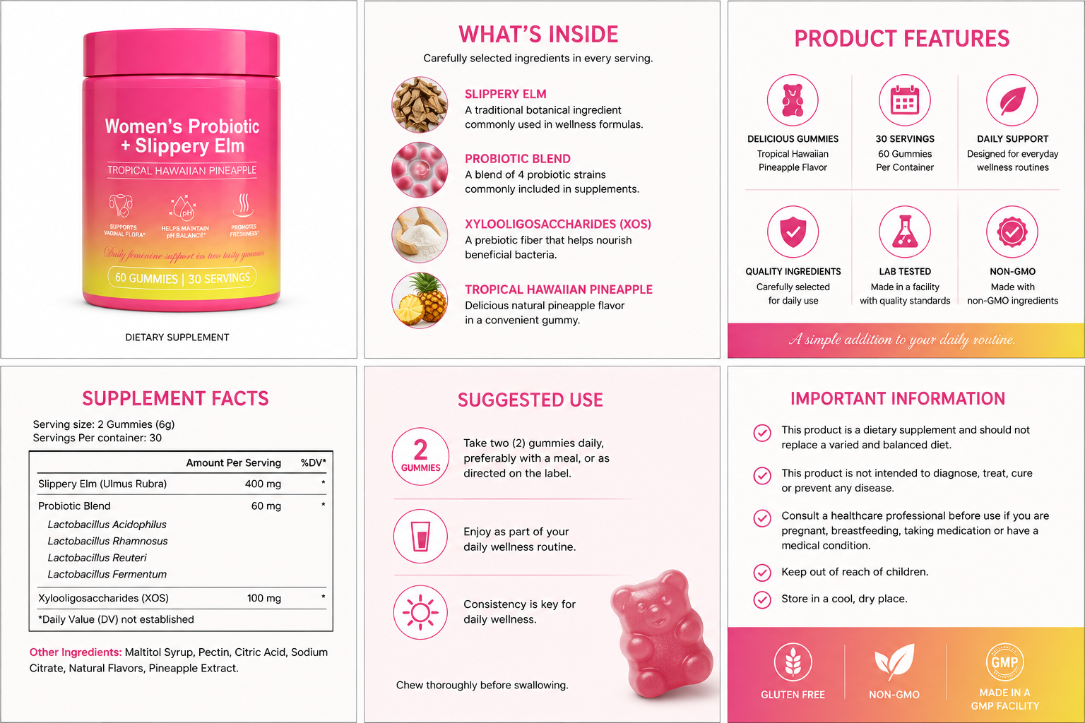 Women's Probiotic Gummies with Slippery Elm & Probiotic Blend – Tropical Hawaiian Pineapple | 60 Gummies (30 Servings)