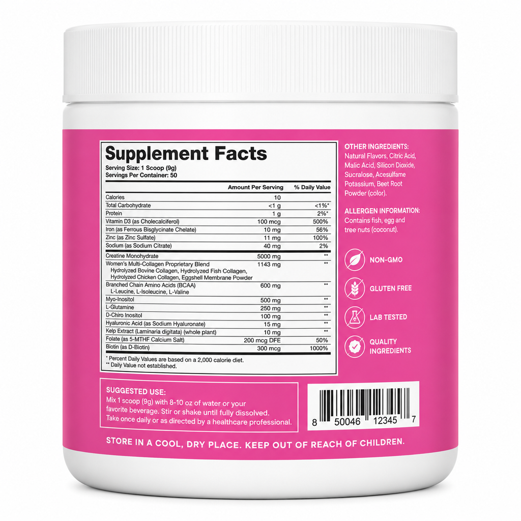 Women's Creatine Powder with Collagen, BCAAs, Myo-Inositol, Vitamin D3, Zinc & Biotin – 450g Dietary Supplement