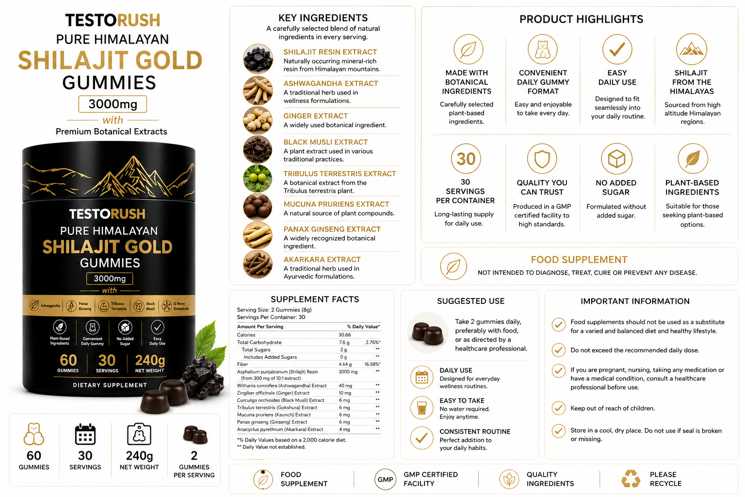 Testorush Shilajit Gold Gummies with Ashwagandha & Ginseng – 60 Gummies