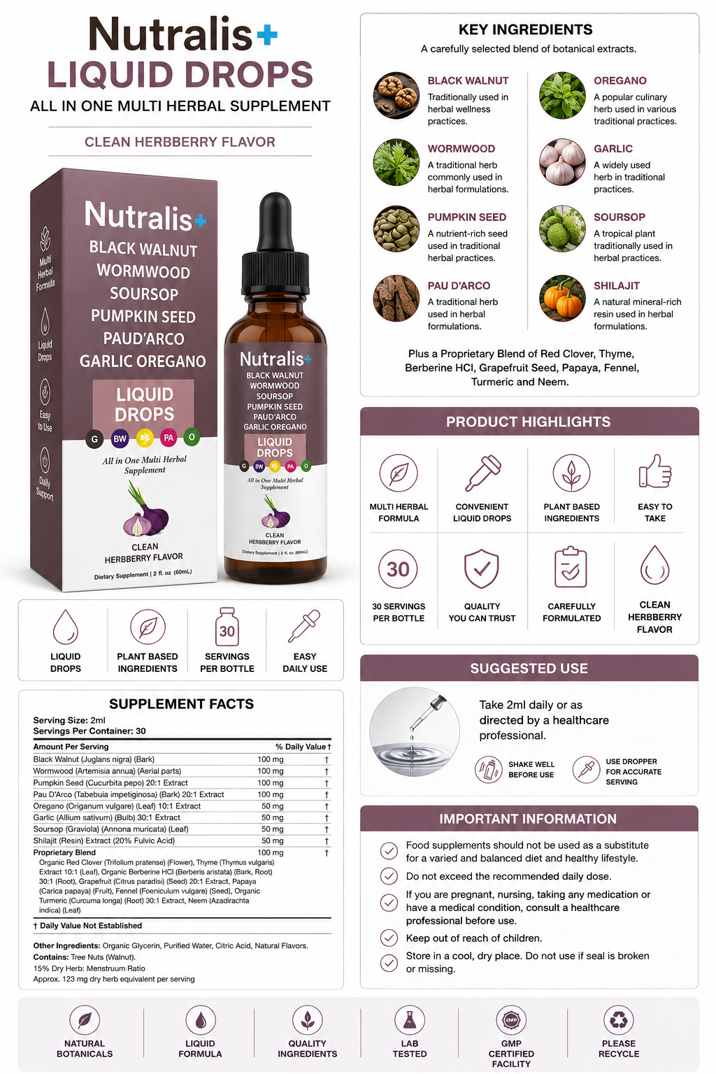Nutralis Multi-Herbal Liquid Drops – Black Walnut, Pumpkin Seed & Botanical Extract Blend – 60ml