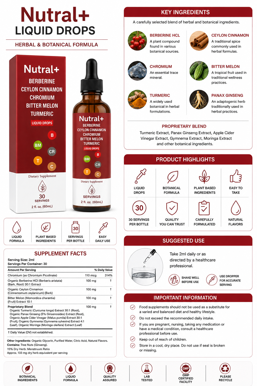 Nutral+ Berberine Liquid Drops with Ceylon Cinnamon, Chromium, Bitter Melon & Turmeric – 60ml | 30 Servings
