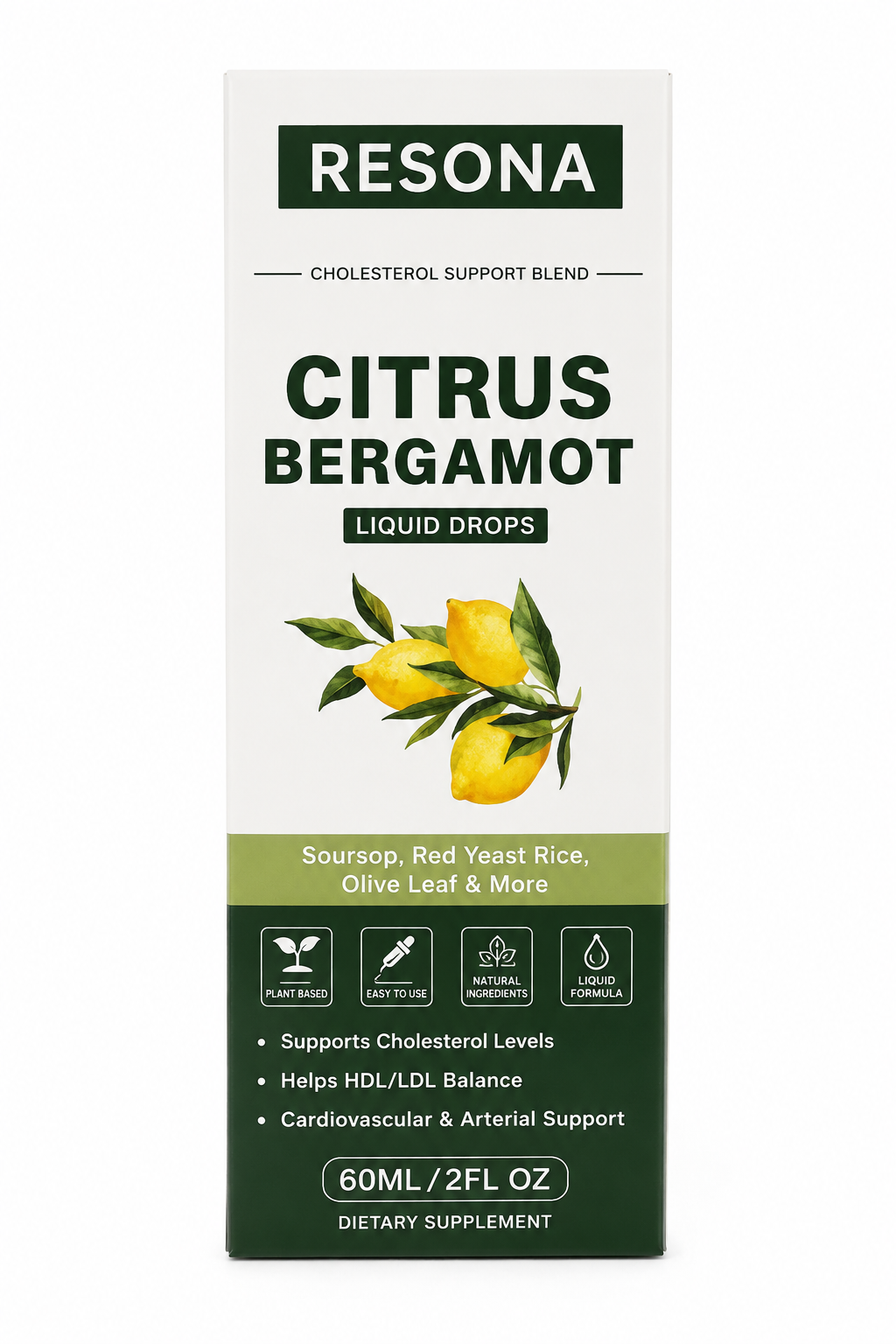 Resona Citrus Bergamot Liquid Drops with Red Yeast Rice & Olive Leaf Extract – 60ml (30 Servings)