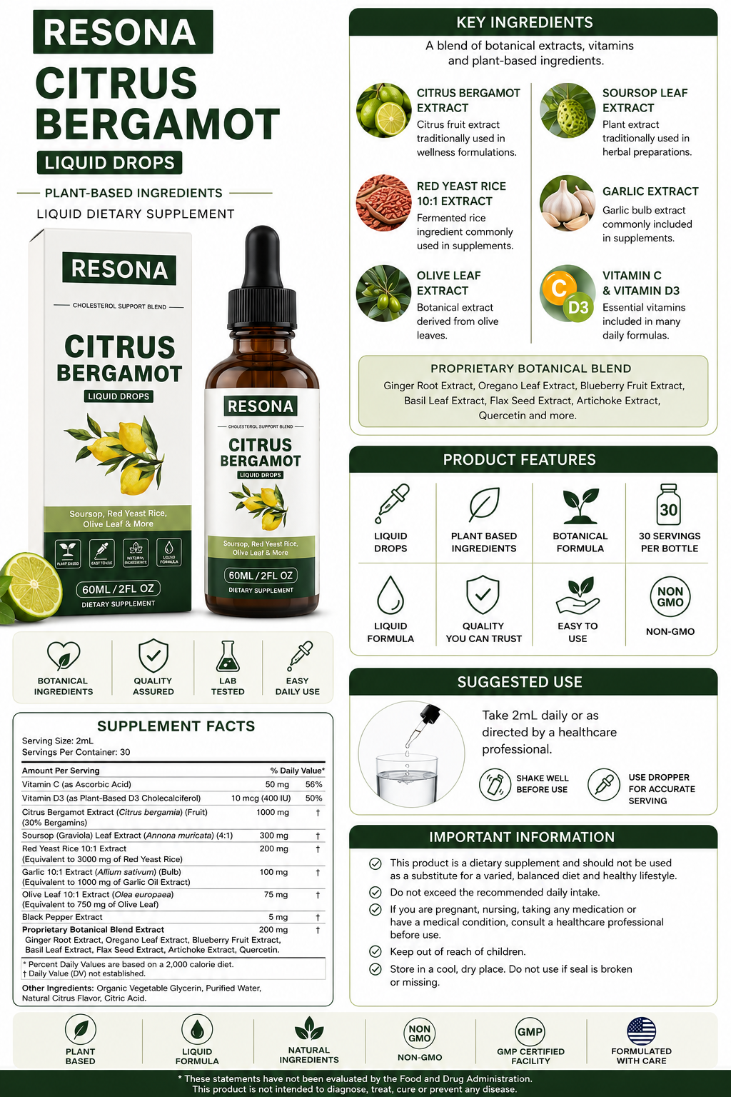 Resona Citrus Bergamot Liquid Drops with Red Yeast Rice & Olive Leaf Extract – 60ml (30 Servings)