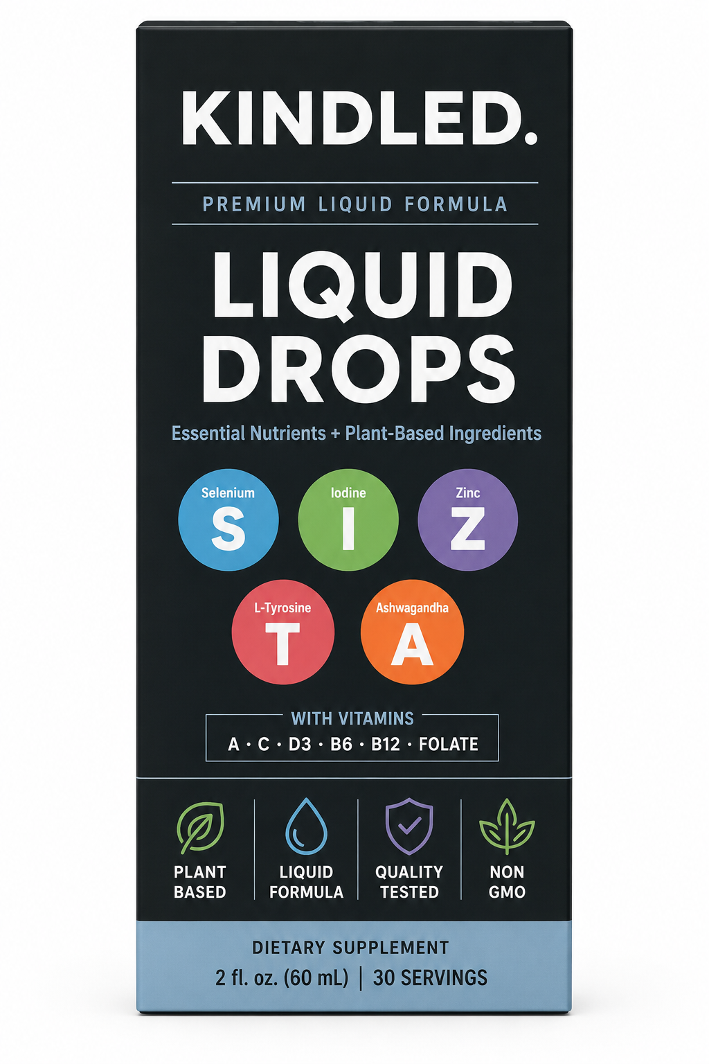 Kindled Liquid Drops with Selenium, Zinc, Iodine, L-Tyrosine & Ashwagandha – 60ml (30 Servings)
