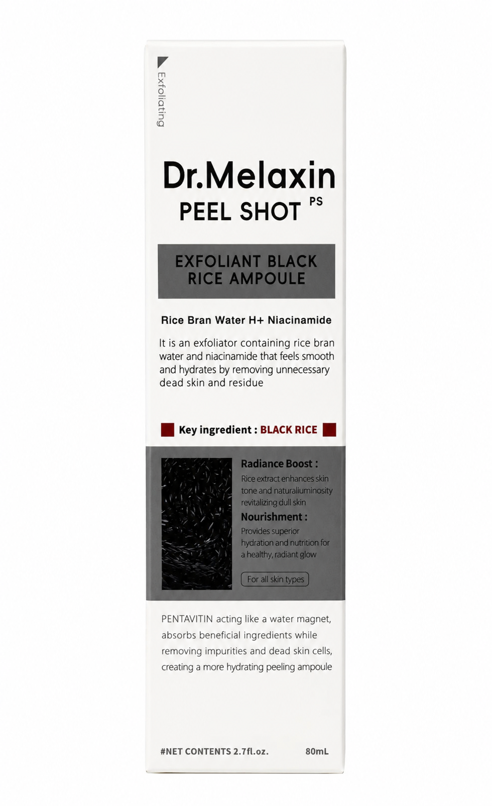 Dr. Melaxin Peel Shot Exfoliating Black Rice Ampoule 80ml | Rice Bran Water, Niacinamide & Hyaluronic Acid