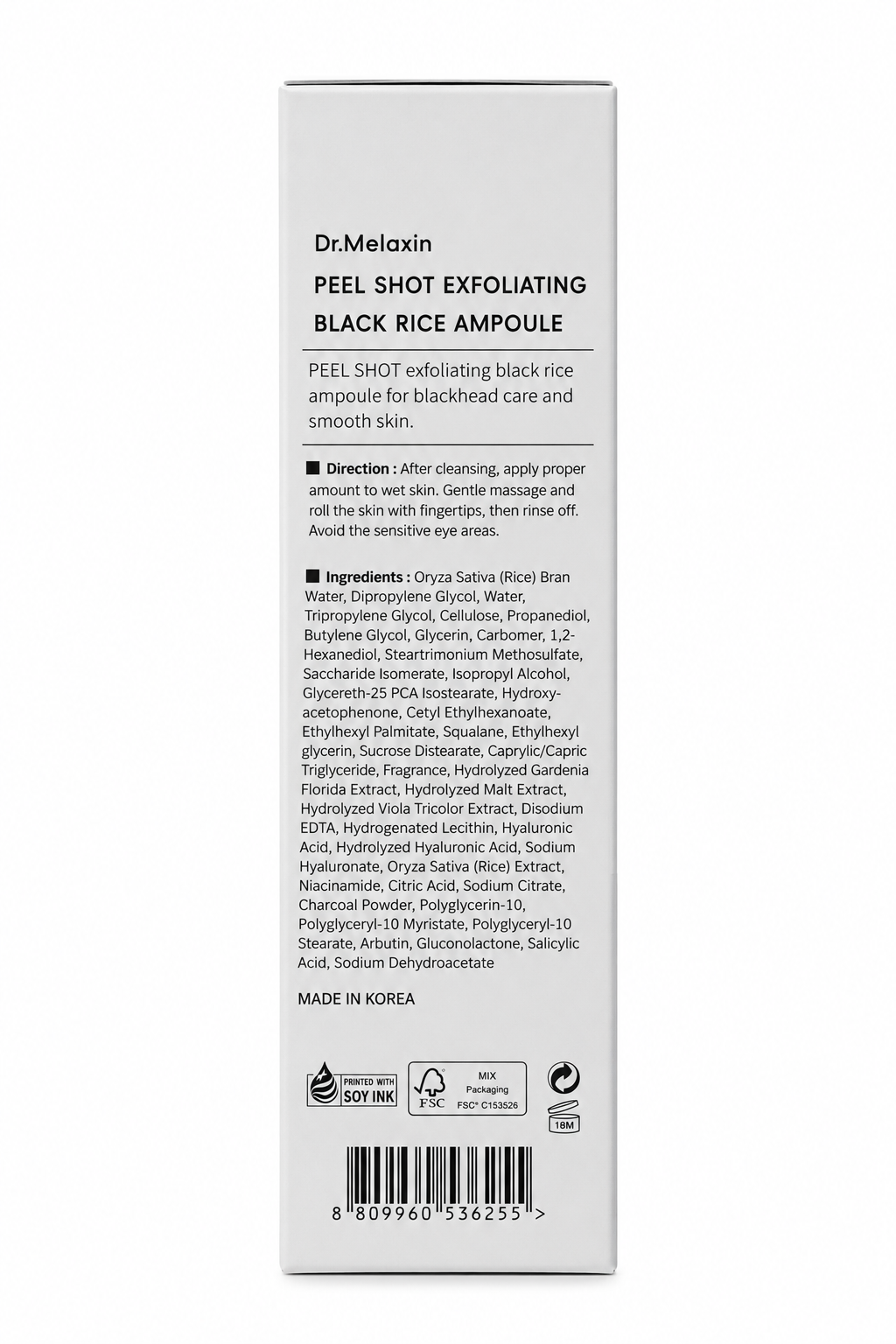Dr. Melaxin Peel Shot Exfoliating Black Rice Ampoule 80ml | Rice Bran Water, Niacinamide & Hyaluronic Acid