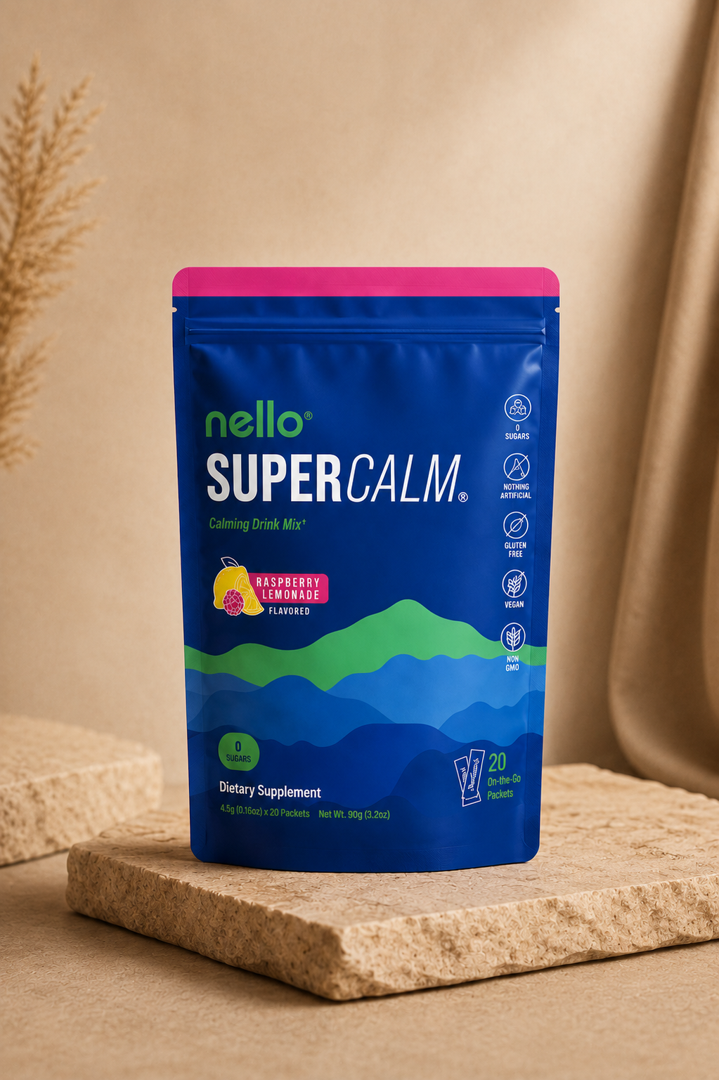 Nello Super Calm Drink Mix – L-Theanine 400mg, Ashwagandha 300mg, Magnesium Glycinate & Vitamin D | 20 Raspberry Lemonade Sachets