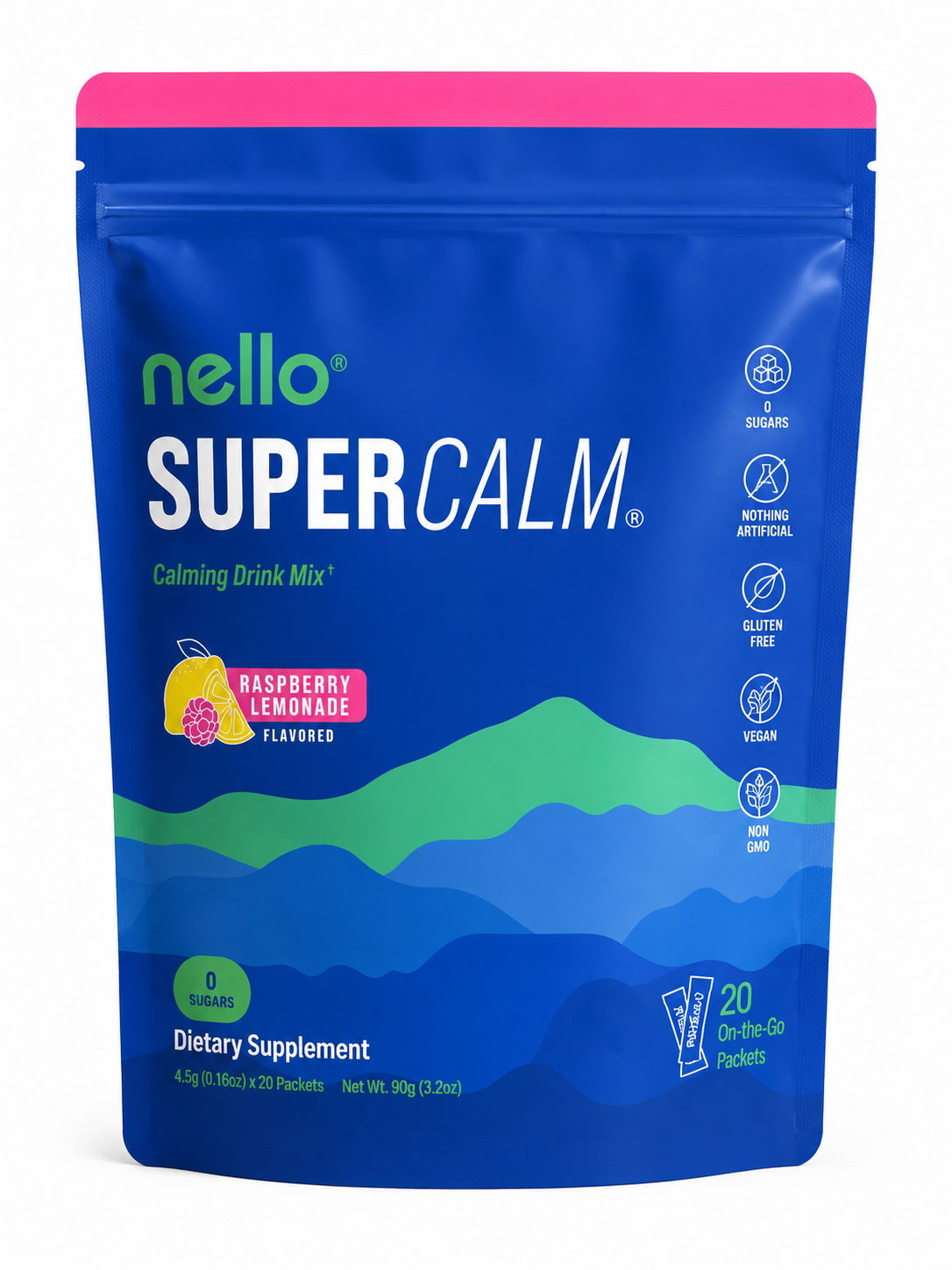 Nello Super Calm Drink Mix – L-Theanine 400mg, Ashwagandha 300mg, Magnesium Glycinate & Vitamin D | 20 Raspberry Lemonade Sachets